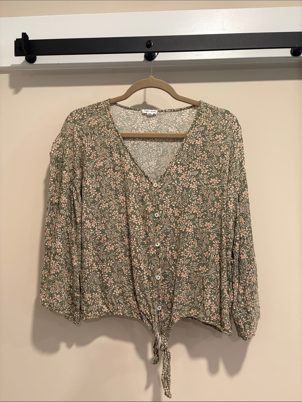 Tribal Jeans Floral Tie-Front V-Neck Blouse - Green
